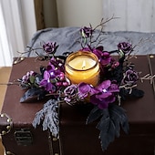 abordables Fleurs et couronnes artificielles-Lot de 2 anneaux de bougies artificiels en forme de roses pour Halloween, couronnes florales noires pour bougies piliers, décorations de table d'Halloween, centres de table gothiques, décoration de