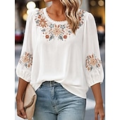  Blusa Ricamata da Donna Floreale Stilosa Casual Maniche 3/4 Collo a Giro Regular Tops Casual Quotidiano Bianco Rosa Grigio Estate Primavera