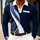  Men's Geometic Line Polo Shirts Long Sleeve Polo Shirts Lapel Business Casual Athleisure Daily Wear 3D Print Buttons Spring Fall Winter Blue Black Red