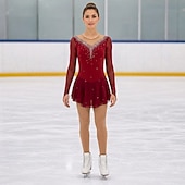 cheap Figure Skating Dresses-Red Rhinestone Figure Skating Dress for Women &amp; Girls – Long Sleeve Mesh Competition Costume with V Open Back and Flowy Asymmetrical Skirt