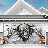  Halloween Garage Door Cover Skeleton Skull Breaking Wall 3D Optical Illusion Garage Door Banner Outdoor Haunted House Yard Party Decoration 7 x 16 FT
