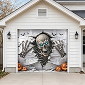  Halloween Garage Door Cover Skeleton Skull Breaking Wall 3D Optical Illusion Garage Door Banner Outdoor Haunted House Yard Party Decoration 7 x 16 FT