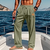 cheap Holiday-Men's Linen Pants Trousers Summer Pants Beach Pants Drawstring Elastic Waist Straight Leg Plain Comfort Breathable Full Length Outdoor Holiday Beach Vacation Fashion Black White