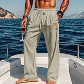 cheap Holiday-Men's Linen Pants Trousers Summer Pants Beach Pants Drawstring Elastic Waist Straight Leg Plain Comfort Breathable Full Length Outdoor Holiday Beach Vacation Fashion Black White