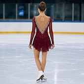 cheap Figure Skating Dresses-Red Rhinestone Figure Skating Dress for Women &amp; Girls – Long Sleeve Mesh Competition Costume with V Open Back and Flowy Asymmetrical Skirt