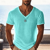 cheap Basic T shirts-Men's T Shirt Knit Tee Tee Top Short Sleeve V Neck Summer Solid Color Fashion Lightweight Basic Mesh Knitted Casual Vacation Street White Black Purple Top Tee for Men