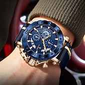 voordelige Quartz-horloges-POEDAGAR Heren Quartz Horloge Leren Band Luminous Wijzers Chronograaf Datumweergave Zakelijk Dress Gouden Kleur Horloge voor Heren Kerst Verjaardag Jubileum Cadeau voor Heren Dagelijks Zakelijk