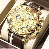 voordelige Quartz-horloges-POEDAGAR Heren Quartz Horloge Leren Band Luminous Wijzers Chronograaf Datumweergave Zakelijk Dress Gouden Kleur Horloge voor Heren Kerst Verjaardag Jubileum Cadeau voor Heren Dagelijks Zakelijk
