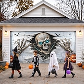  Halloween Garage Door Cover Skeleton Skull Breaking Wall 3D Optical Illusion Garage Door Banner Outdoor Haunted House Yard Party Decoration 7 x 16 FT