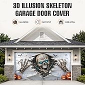  Halloween Garage Door Cover Skeleton Skull Breaking Wall 3D Optical Illusion Garage Door Banner Outdoor Haunted House Yard Party Decoration 7 x 16 FT