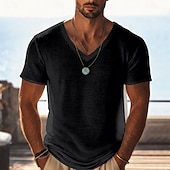 cheap Basic T shirts-Men's T Shirt Knit Tee Tee Top Short Sleeve V Neck Summer Solid Color Fashion Lightweight Basic Mesh Knitted Casual Vacation Street White Black Purple Top Tee for Men