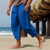 cheap Holiday-Men's Linen Pants Summer Pants Cropped Pants Beach Pants Drawstring Elastic Waist Plain Comfort Breathable Calf-Length Casual Daily Holiday Fashion Classic Style Black White