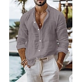 cheap Vacation-Men's Shirt Linen Shirt Summer Shirt Beach Wear Button Up Shirt Plain Casual Daily Blue Black White Pink Long Sleeve Collar Spring &amp; Summer Clothing Apparel