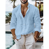 cheap Vacation-Men's Shirt Linen Shirt Summer Shirt Beach Wear Button Up Shirt Plain Casual Daily Blue Black White Pink Long Sleeve Collar Spring &amp; Summer Clothing Apparel