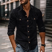 cheap Men's Denim Shirts-Men's Shirt Chambray Shirt Calico Shirt Button Up Shirt Casual Shirt Denim Shirt Denim Blue Black Dark Navy Blue Long Sleeve Plain Collar Daily Vacation Clothing Apparel Cotton Fashion Casual