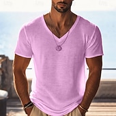 cheap Basic T shirts-Men's T Shirt Knit Tee Tee Top Short Sleeve V Neck Summer Solid Color Fashion Lightweight Basic Mesh Knitted Casual Vacation Street White Black Purple Top Tee for Men