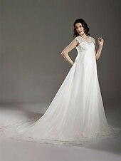 economico Abiti da sposa-Linea-A Abiti da sposa A V Strascico di corte Di pizzo Organza Cinghie Regolari Traforato con Di pizzo Perline 2022