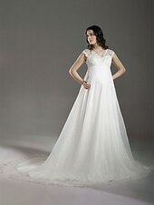 economico Abiti da sposa-Linea-A Abiti da sposa A V Strascico di corte Di pizzo Organza Cinghie Regolari Traforato con Di pizzo Perline 2022