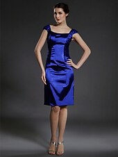 cheap Weddings &amp; Events-Sheath / Column Mother of the Bride Dress Square Neck Knee Length Stretch Satin Sleeveless with Ruched 2022