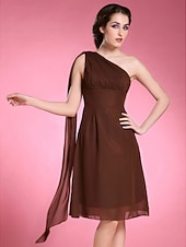 cheap Weddings &amp; Events-A-Line Mother of the Bride Dress Elegant One Shoulder Watteau Train Knee Length Chiffon Sleeveless with Side Draping 2023