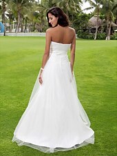 abordables Robes de Mariée-Plage / Destination Robes de mariée Longueur Sol Trapèze Sans Manches Sans Bretelles Satin Avec 2023 Eté Robes de mariée