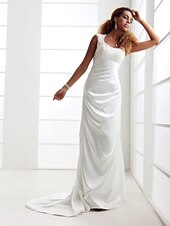 preiswerte Hochzeitskleider-Eng anliegend Hochzeitskleider U-Ausschnitt Pinsel Schleppe Charmeuse Perlen-Spitze Gurte Einfach Rückenfrei mit Applikationen 2022