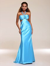 abordables Mariages &amp; Événements-Fourreau / Colonne Dos Nu Fête scolaire robe ceremonie Bal Militaire Robe Col en V Sans Manches Traîne Tribunal Traîne Brosse Charmeuse avec Ruché 2020
