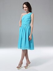 cheap Bridesmaid Dresses-A-Line One Shoulder Knee Length Chiffon Bridesmaid Dress with Side Draping / Ruched / Pleats by LAN TING BRIDE®