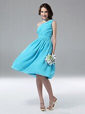 cheap Bridesmaid Dresses-A-Line One Shoulder Knee Length Chiffon Bridesmaid Dress with Side Draping / Ruched / Pleats by LAN TING BRIDE®