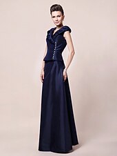 abordables Bodas y eventos-Funda / Columna Vestido de Madrina Inspiración Vintage Escote en Pico Hasta el Suelo Tafetán Manga Corta con Botones Recogido 2020