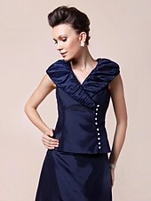abordables Bodas y eventos-Funda / Columna Vestido de Madrina Inspiración Vintage Escote en Pico Hasta el Suelo Tafetán Manga Corta con Botones Recogido 2020