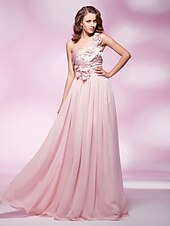 abordables Bodas y eventos-Funda / Columna Un Hombro Hasta el Suelo Raso / Satén Estirado Vestido con Cuentas / Flor por TS Couture®