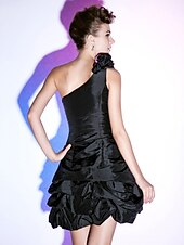 cheap Cocktail Dresses-Ball Gown Little Black Dress Dress Holiday Short / Mini Sleeveless One Shoulder Taffeta with Pick Up Skirt Ruffles Flower 2022 / Cocktail Party