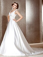 cheap Wedding Dresses-Princess A-Line Wedding Dresses V Neck Cathedral Train Satin Sleeveless with 2021