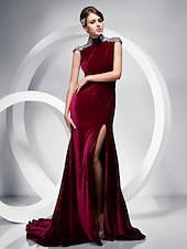 cheap Weddings &amp; Events-Mermaid / Trumpet Keyhole Dress Formal Evening Sweep / Brush Train Short Sleeve High Neck Velvet with Crystals Split Front 2023