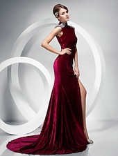 cheap Weddings &amp; Events-Mermaid / Trumpet Keyhole Dress Formal Evening Sweep / Brush Train Short Sleeve High Neck Velvet with Crystals Split Front 2023