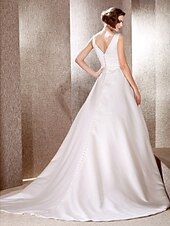 cheap Wedding Dresses-Princess A-Line Wedding Dresses V Neck Cathedral Train Satin Sleeveless with 2021