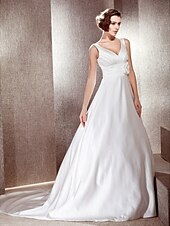 cheap Wedding Dresses-Princess A-Line Wedding Dresses V Neck Cathedral Train Satin Sleeveless with 2021