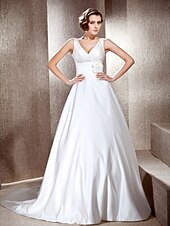 cheap Wedding Dresses-Princess A-Line Wedding Dresses V Neck Cathedral Train Satin Sleeveless with 2021