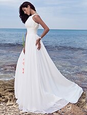 cheap Wedding Dresses-Beach A-Line Wedding Dresses Sweep / Brush Train Simple Romantic Regular Straps Jewel Neck Chiffon With Ruched Draping 2023 Summer Bridal Gowns