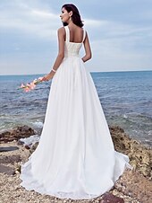 cheap Wedding Dresses-Beach A-Line Wedding Dresses Sweep / Brush Train Simple Romantic Regular Straps Jewel Neck Chiffon With Ruched Draping 2023 Summer Bridal Gowns