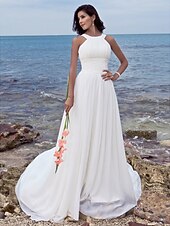 cheap Wedding Dresses-Beach A-Line Wedding Dresses Sweep / Brush Train Simple Romantic Regular Straps Jewel Neck Chiffon With Ruched Draping 2023 Summer Bridal Gowns