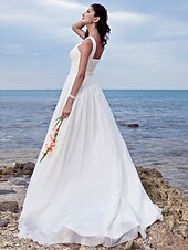 cheap Wedding Dresses-Beach A-Line Wedding Dresses Sweep / Brush Train Simple Romantic Regular Straps Jewel Neck Chiffon With Ruched Draping 2023 Summer Bridal Gowns
