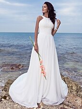 cheap Wedding Dresses-Beach A-Line Wedding Dresses Sweep / Brush Train Simple Romantic Regular Straps Jewel Neck Chiffon With Ruched Draping 2023 Summer Bridal Gowns
