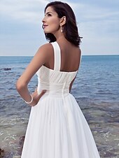 cheap Wedding Dresses-Beach A-Line Wedding Dresses Sweep / Brush Train Simple Romantic Regular Straps Jewel Neck Chiffon With Ruched Draping 2023 Summer Bridal Gowns
