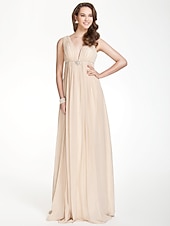 cheap Bridesmaid Dresses-A-Line Bridesmaid Dress V Neck Sleeveless Beautiful Back Floor Length Chiffon with Pleats / Beading / Draping 2022