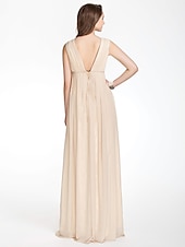 cheap Bridesmaid Dresses-A-Line Bridesmaid Dress V Neck Sleeveless Beautiful Back Floor Length Chiffon with Pleats / Beading / Draping 2022