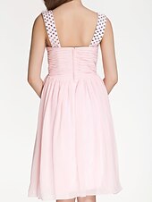 preiswerte Brautjungfernkleider-A-Linie Brautjungfernkleid V-Ausschnitt Ärmellos Offener Rücken Tee-Länge Chiffon mit Überkreuzte Rüschen / Plissee / Perlenstickerei 2022