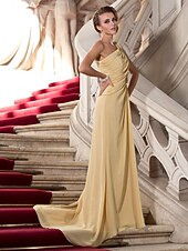 זול שמלות לאירועים מיוחדים-מעטפת \ עמוד אלגנטית לבוש רשמי ערב רישמי שובל סוויפ \ בראש ללא שרוולים כתפיה אחת שיפון עם חרוזים פרח 2025