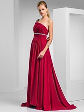 cheap Special Occasion Dresses-Sheath / Column Elegant Prom Formal Evening Dress One Shoulder Short Sleeve Sweep / Brush Train Chiffon with Ruched Beading 2022